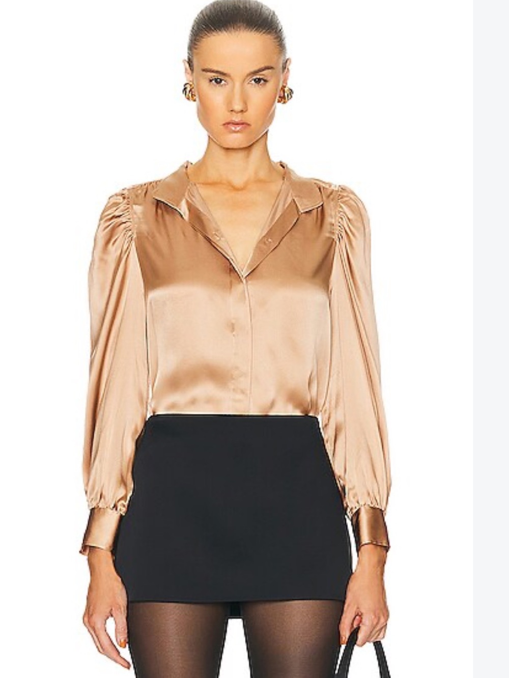 Frame Denim Gillian Long-Sleeve Silk Blouse in Champagne Beige